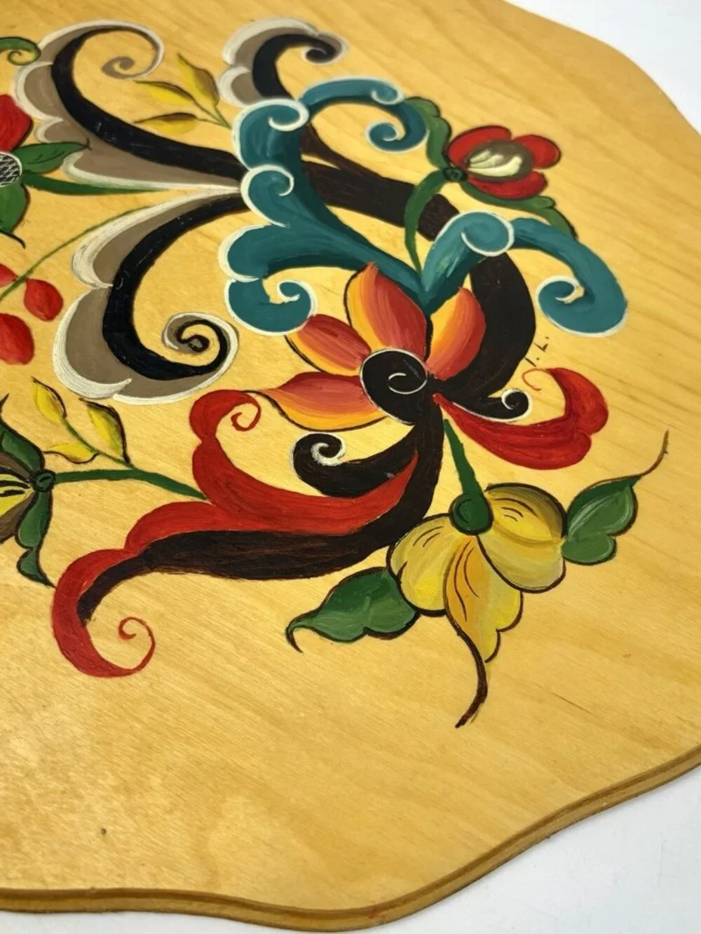 NORWEGIAN ROSEMALING Wood Plate Plaque Hand Painted One Of A Kind Signed 11.5”